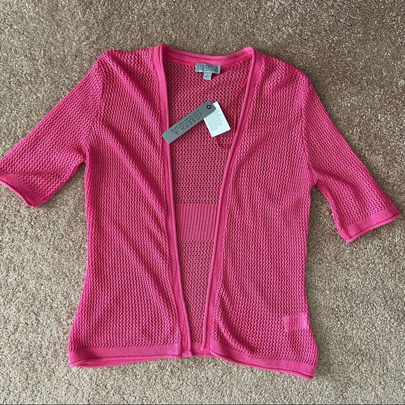 Pink Short Sleeve Fuchsia Lightweight Crochet Cardigan - Picture 1 of 4